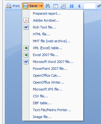 Various formats in which a report can be saved