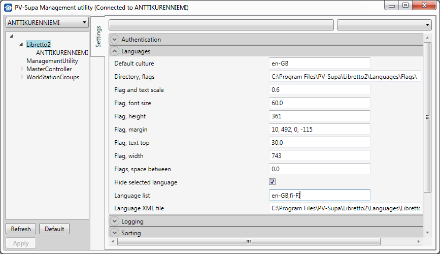 Kielten määrittäminen ohjelmalle
