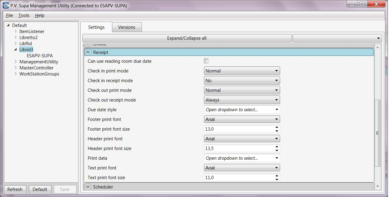 Management Utility - kuittien asetukset Management Utility - kuittien asetukset