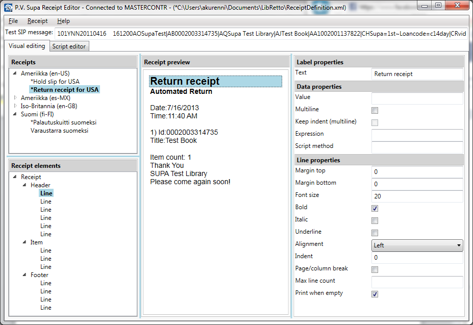 Receipt editor ohjelman pääikkuna