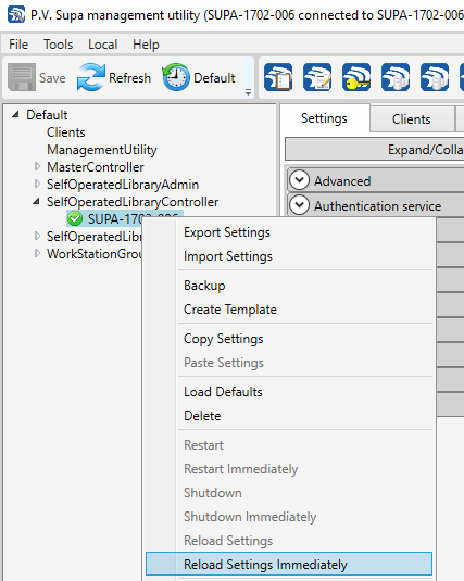 Reloading library controller settings in Management utility