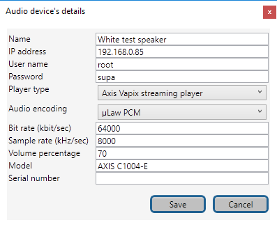 Audio device details - Axis Vapix